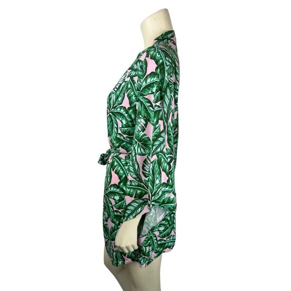 Kenny Flowers Beverly Hills Kimono Coverup Size S Leaf Print Green Pink Tie Swim - Picture 3 of 12